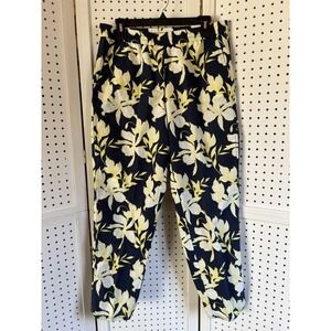 Talbots 8 Pull On Linen Cotton Pants Pockets Floral Navy Yellow Beachy Women's